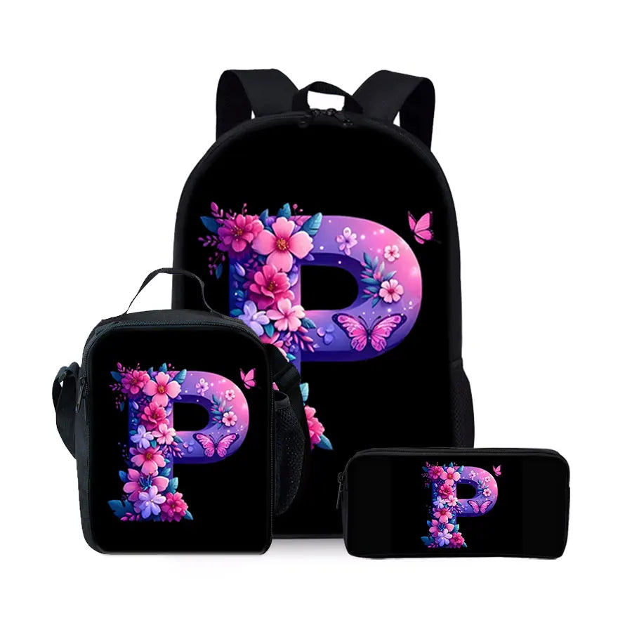 English Alphabet Pattern 2D Flat Cartoon School Backpack Three Piece Set