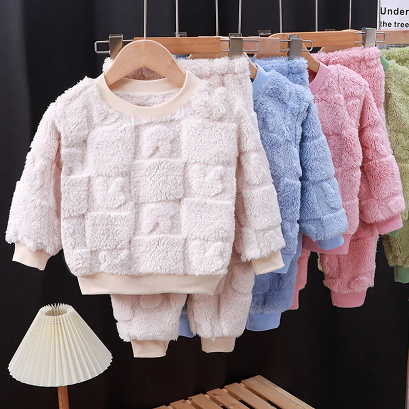 Cotton Autumn Winter Plus Fleece Warm Cartoon Top+Pants Set