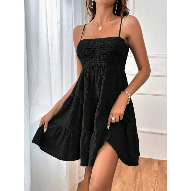 Spaghetti Strap Smocked Bustier Mini Swing Dress