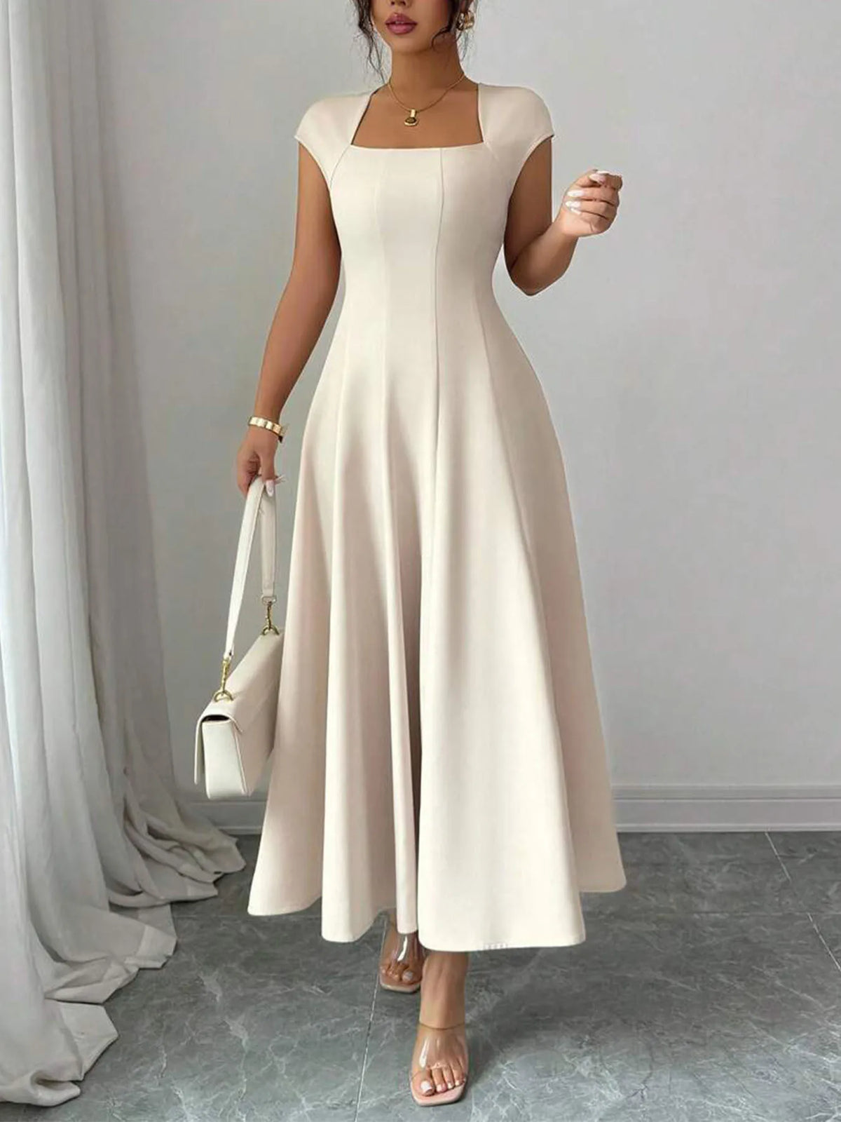 Square Neck Midi Cap Sleeve Fitted Flare Dress