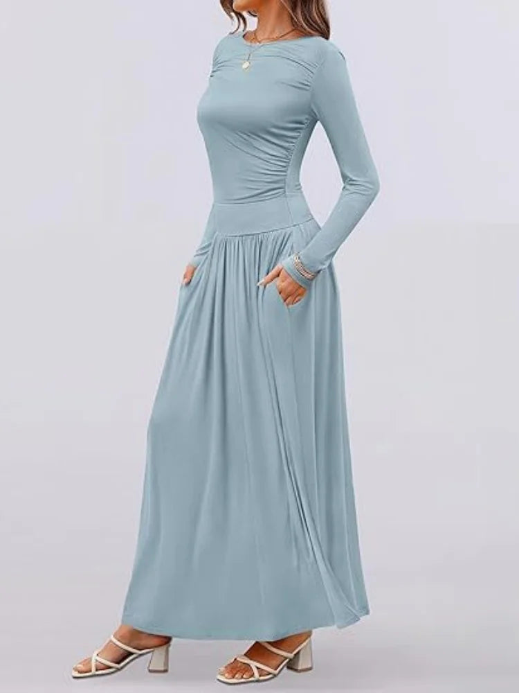Long Sleeve Maxi Fit Ruched Casual Wear Dress