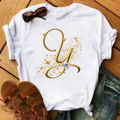 Custom Letter Combination Diamond Gold Letter T-shirt