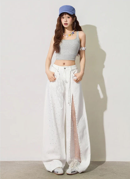 Baggy Jeans Flare Lace Applique Crystal Wide Leg Pearl Slit Pants