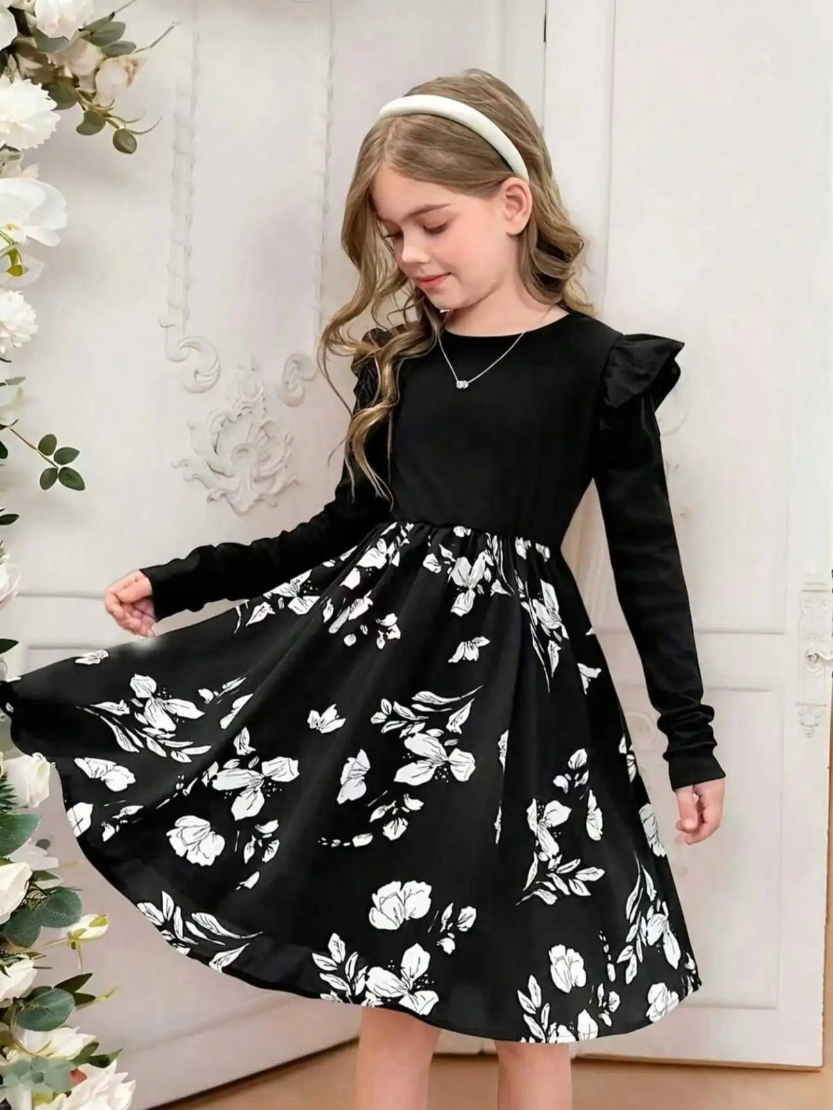 Girl's Casual Long-Sleeved Round-Neck Floral Dress