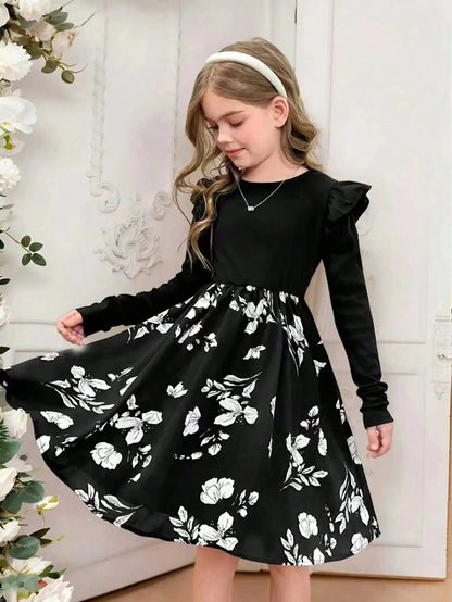 Girl's Casual Long-Sleeved Round-Neck Floral Dress