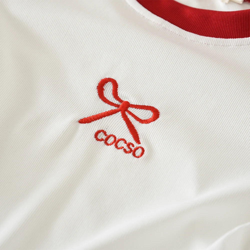 Autumn Red Bow Decoration Letter Embroidery Long Sleeved Pants Set