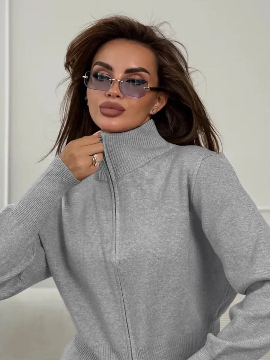Knit Zip Up Cardigan Wide Leg Soft Fabric Cropped Sets