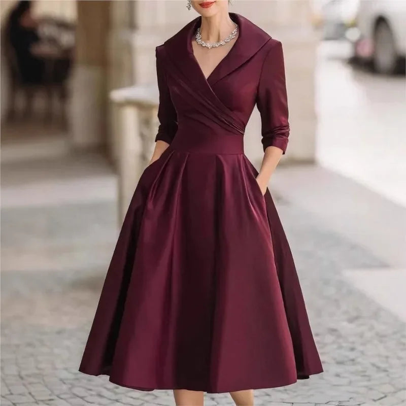 V-neck Waist-hugging Slim A Long Sleeves Maxi Dress