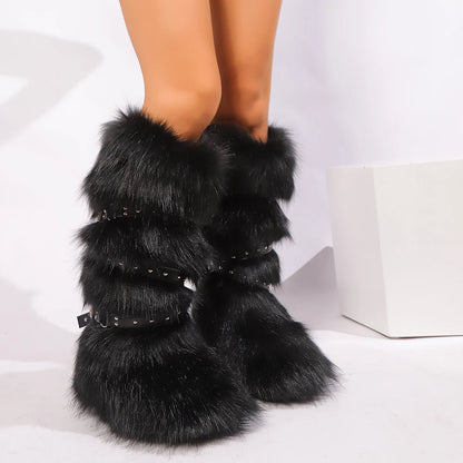 Red Animal Fur Belt Buckle Mid-Calf Boots