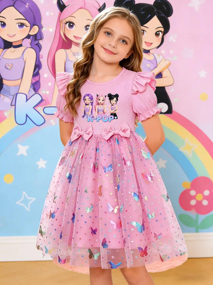 Elegant Cartoon Butterfly Print Slim-Fitting Summer Princess Dress
