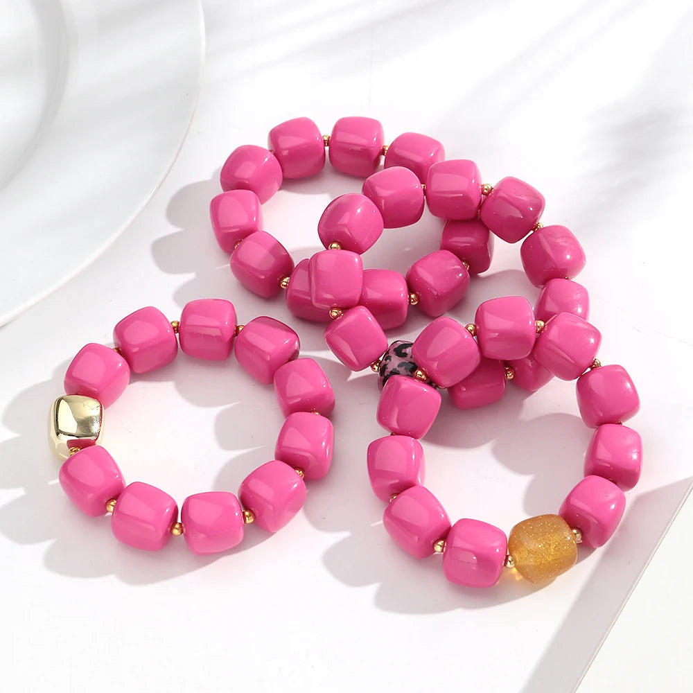 Pink Square Breaded Elastic Resin Geometric Beads Stretch Cuff Bangle Bracelets