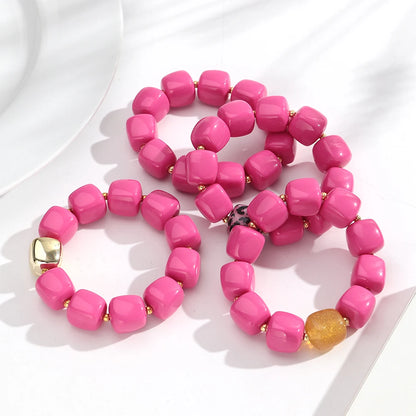 Pink Square Breaded Elastic Resin Geometric Beads Stretch Cuff Bangle Bracelets