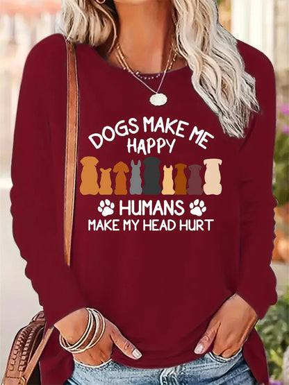 100% Pure Cotton Loose Letter Dog Print Round Neck Long Sleeved T-Shirt