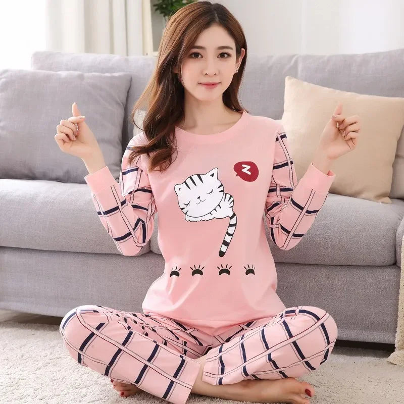 Round Neck Girls Bear Teacup Cat Full Sleepwear lovers Pajama Set