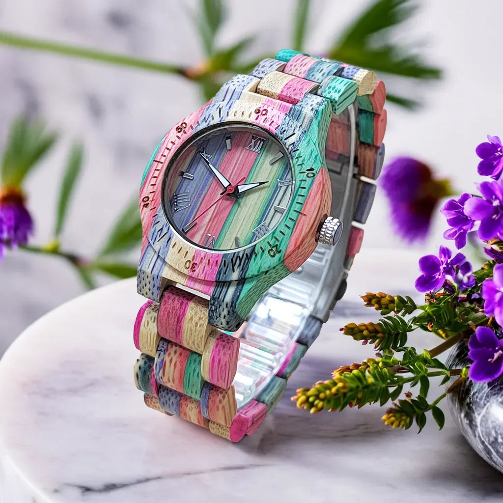 Elegant Colorful Bamboo Wooden Quartz Wood Wristwatches