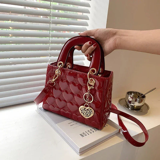 Red Love Leather Bright Surface Crossbody Bag