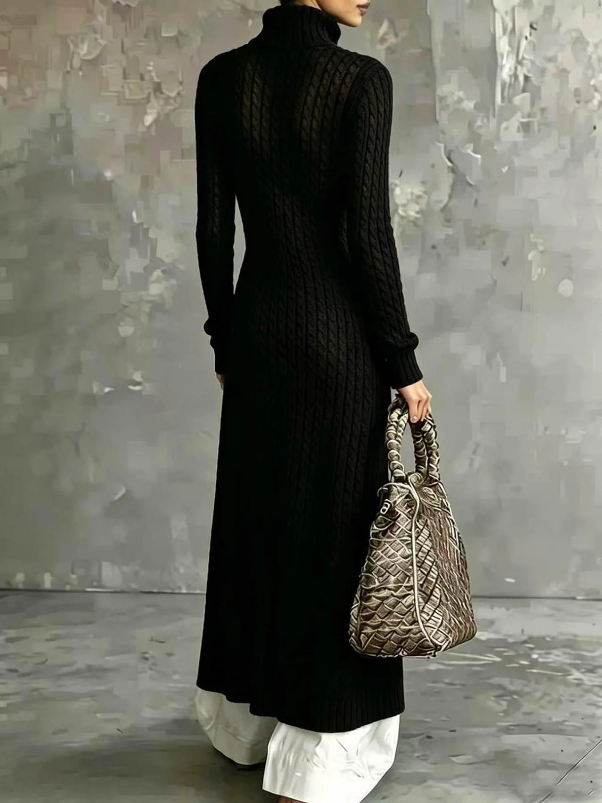 Long Black Knit Cardigan Autumn Winter High Neck Open Front Oversized Jumper