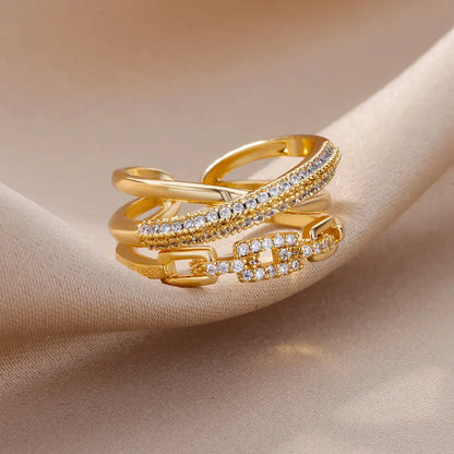 Chain Hollow Out Gold Stainless Steel Zircon Cross Ring