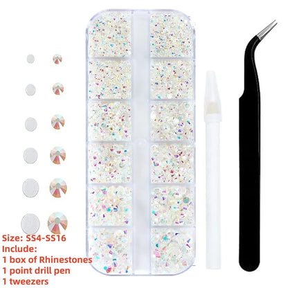 12Gird 3D Glass AB Crystal Nail Art Rhinestones Kit