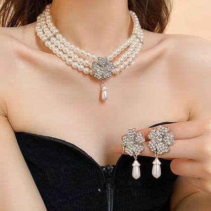 Rhinestone Flower Pearl Necklaces Jewelry Sets