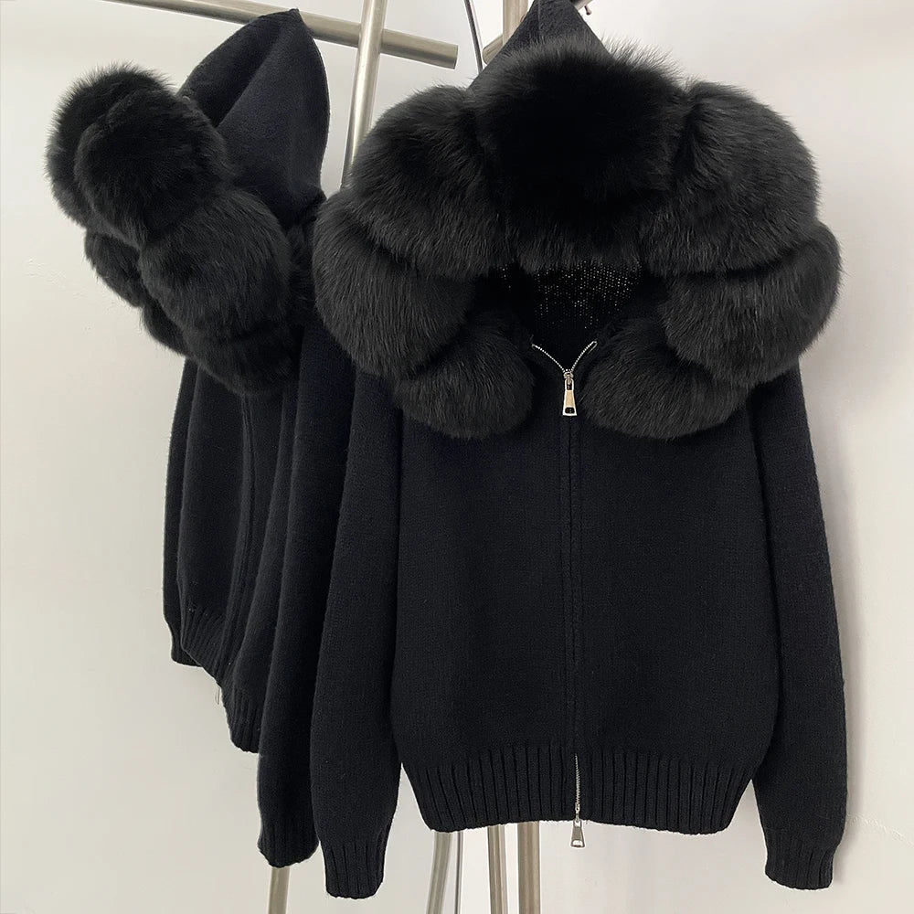 Autumn Winter Casual Hooded Real Fox Fur Collar Short Knitted Jacket