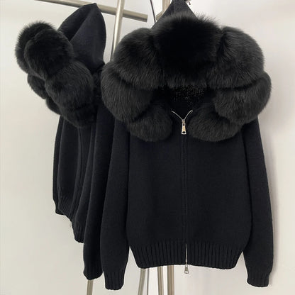 Autumn Winter Casual Hooded Real Fox Fur Collar Short Knitted Jacket