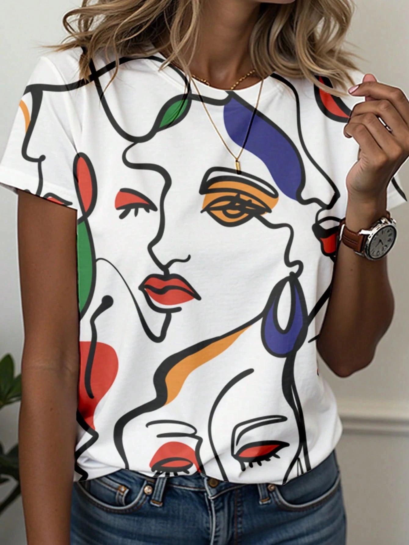 Abstract Face Line Art Graphic Print T-Shirt