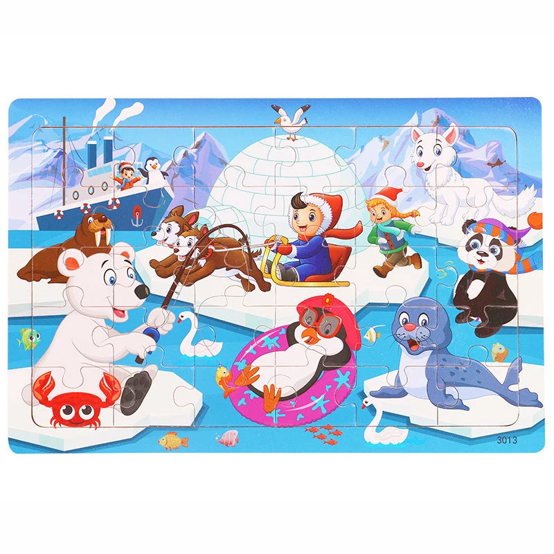 30 Pieces Wooden Jigsaw Puzzle Kids Cartoon Animal Puzzles Toys