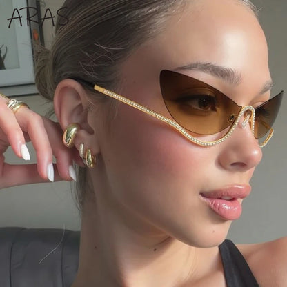 Sexy Cat Eye Rimless Luxury Brand Rhinestone Sun Glasses