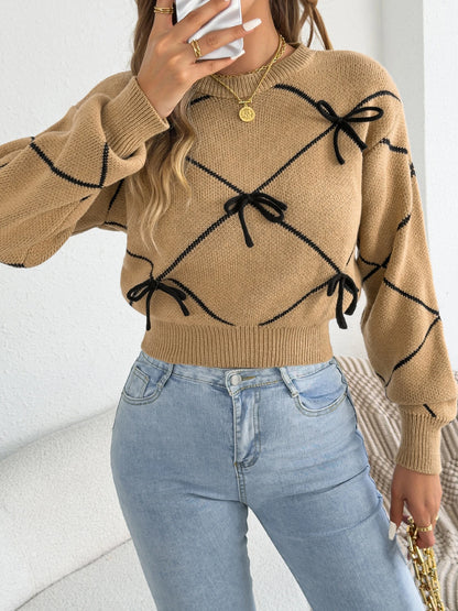 Contrasting Bow Knitted Casual Round Neck Lantern Long Sleeve Sweaters