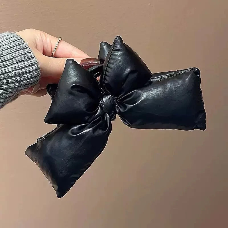 Black Leather Statement Bow Hair Clip