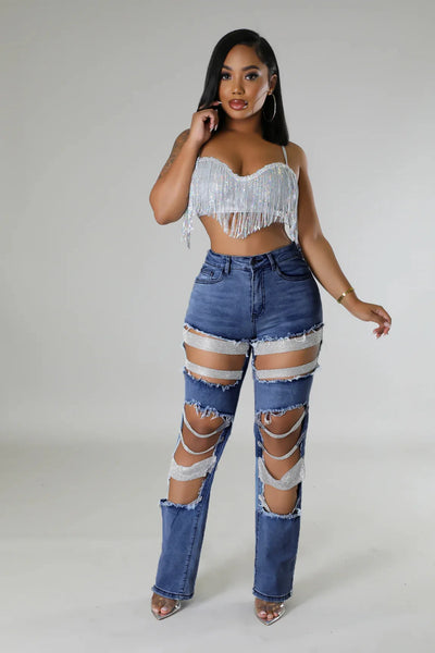 Ripped Straight Diamonds Chain Stretch High Waist Jeans Pants