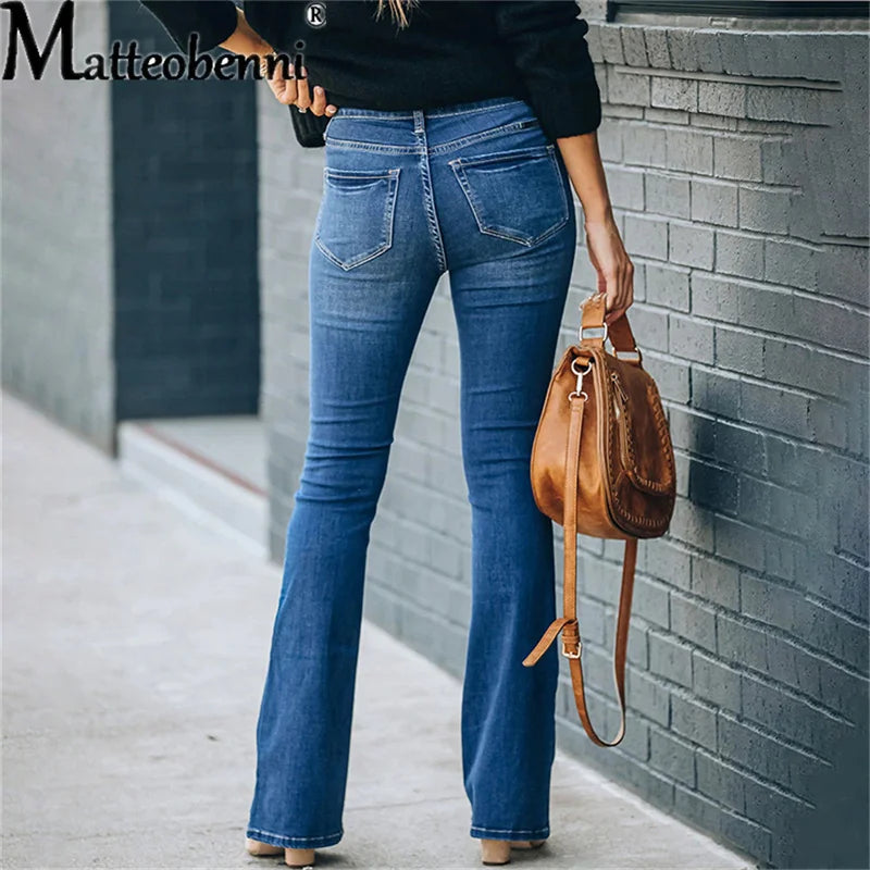Flare Button Fly Vintage Stretch Casual Slim Jeans