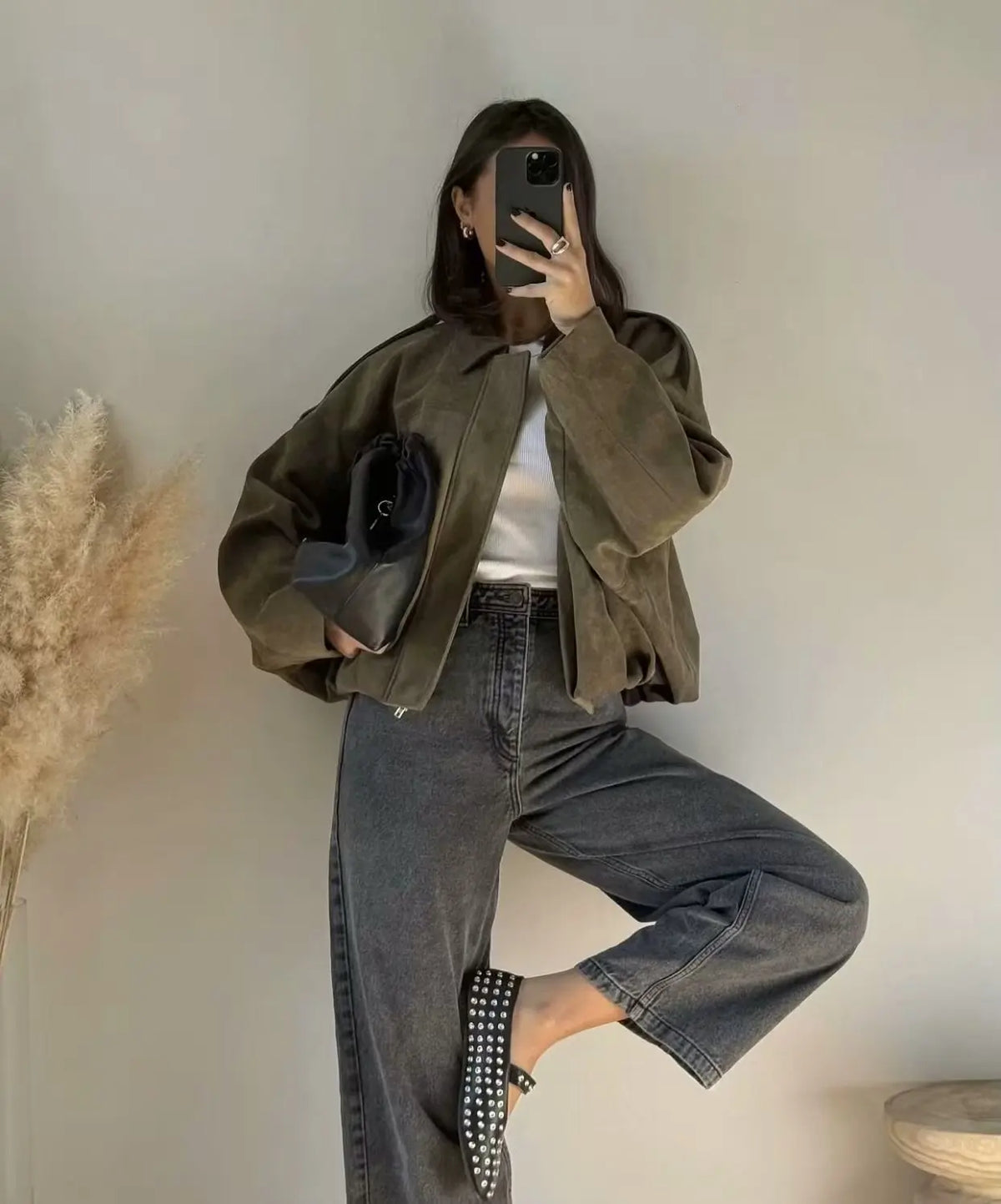Bomber Suede Texture Turn-down Collar Long Sleeve Loose Vintage Jackets