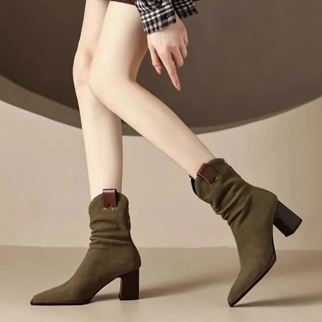 Casual versatile Round Toe shoes Retro Chunky Heel Ankle Boots
