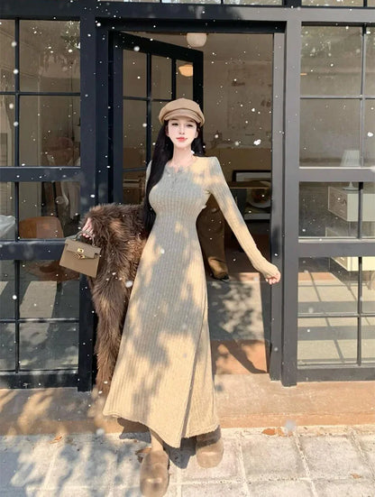 Elegant Slim High Waist Knit Long Sleeve Thick Warm Long Dress