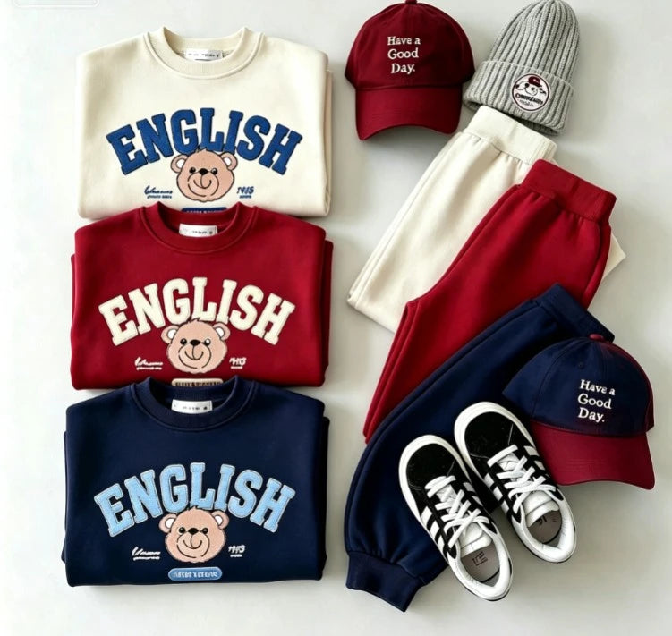 Soft Cotton Matching Tracksuit Retro English Letter Cartoon Bear Graphics Set