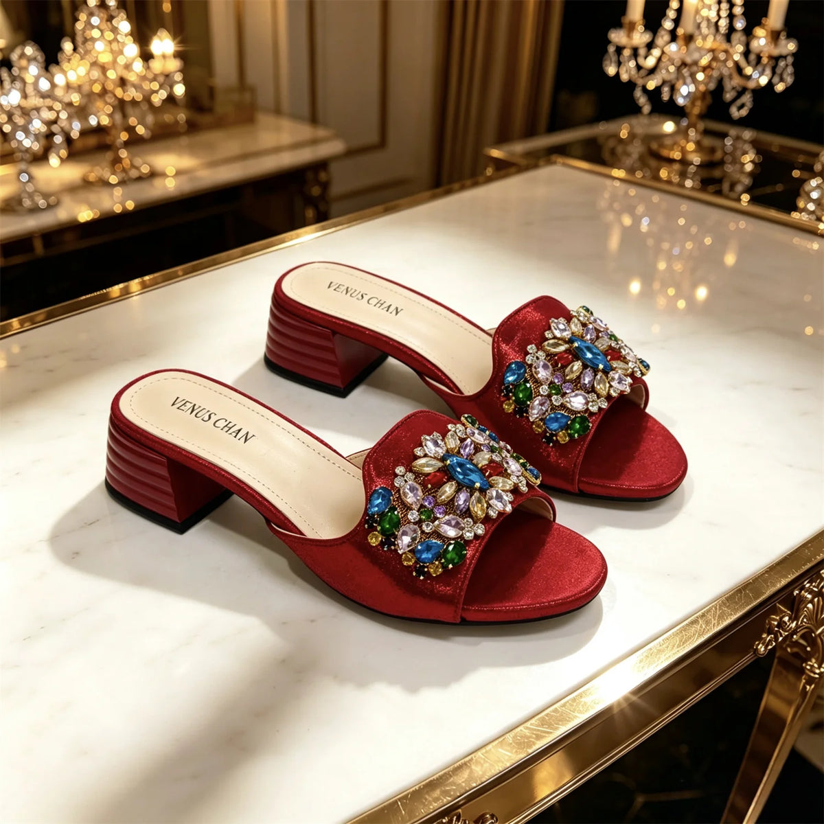 Luxury Multicolor Rhinestone Blue Heel Mules Black Satin Open Toe Slip