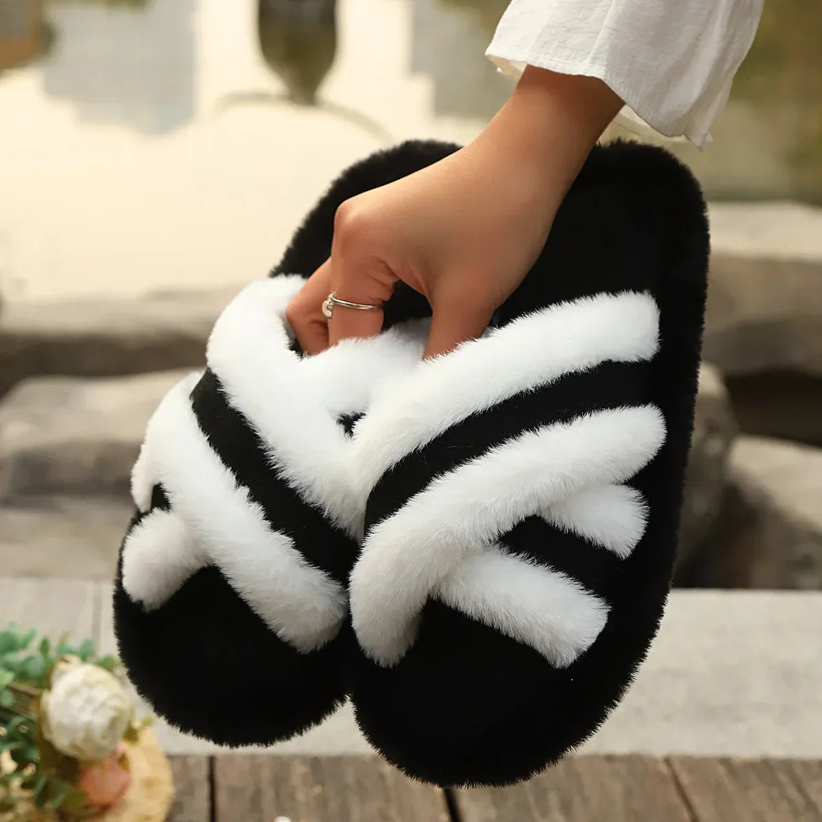 Furry Home Fluffy Light Cross Flip Flops Soft Slippers