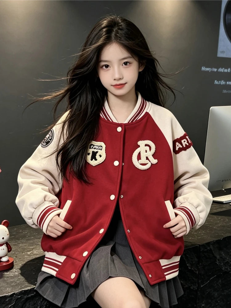 College Style Cardigan Color-Block Spring Autumn Baseball Jacket