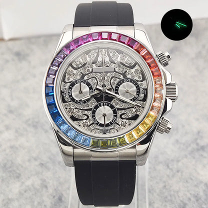 Movement Quartz Chronograph Sapphire Glass Gemstone Dial Luxury Waterproof Wristwatch