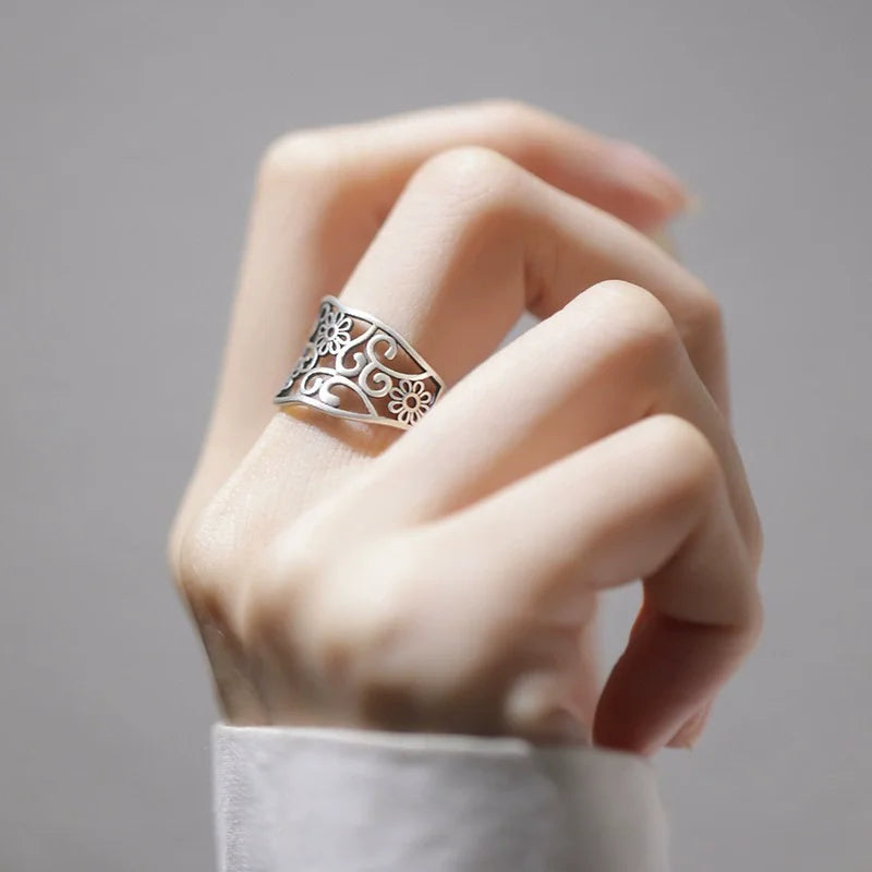 925 Sterling Silver Retro Hollow Wave Punk Hiphop Bohemia Rings