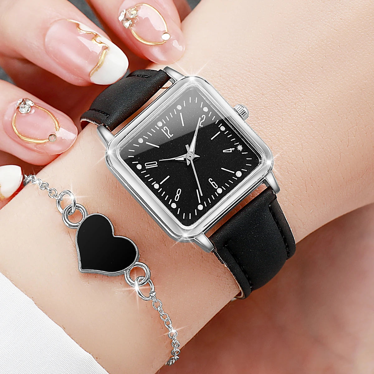 Square Leather Quartz Watches Heart Bracelet Set