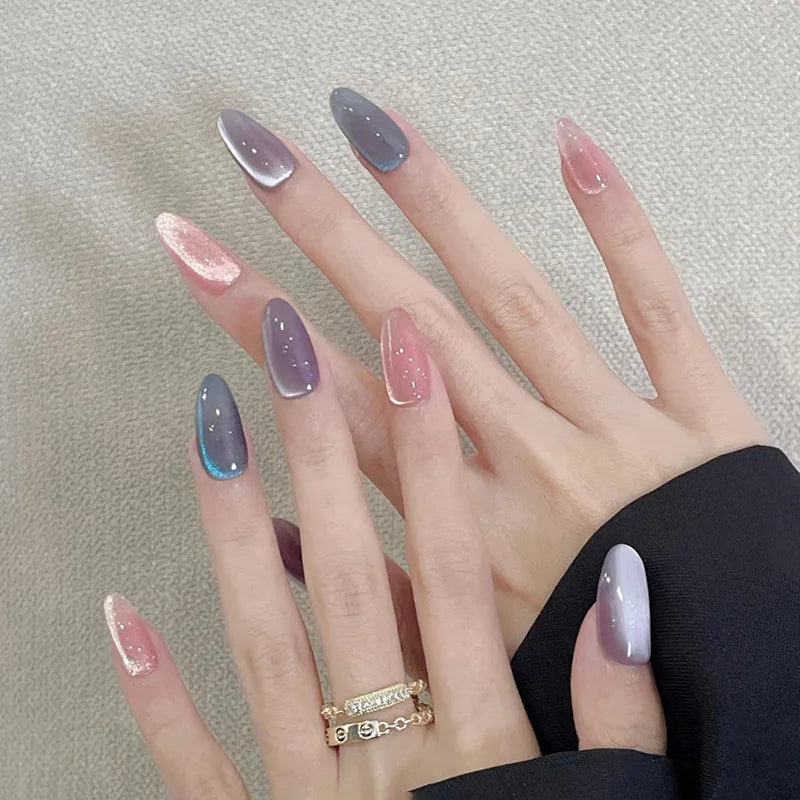 24Pcs Metallic Cat Eye French Sheer Manicure Tip Art Textured 3D Acrylic False Nails