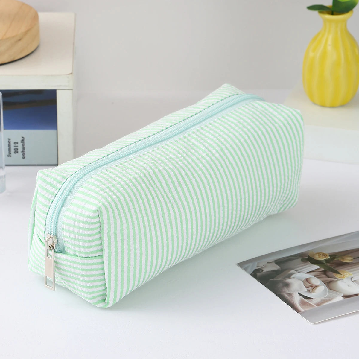 Cute Striped Canvas Pencil Case Small Travel Pouch with Zipper