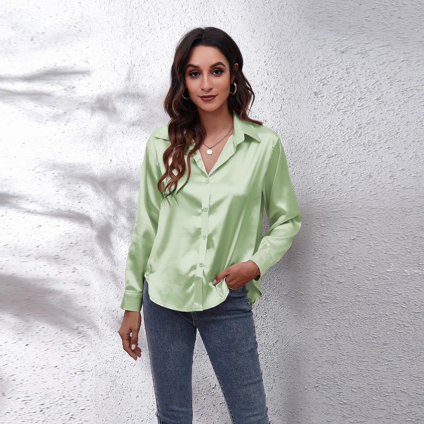 Solid Satin Shirt Long Sleeve Shirt
