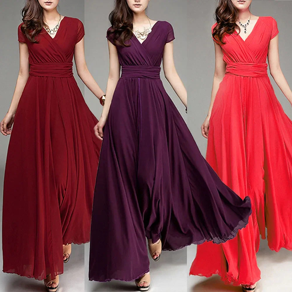Short Sleeve Long Cocktail Chiffon High Waist Dresses