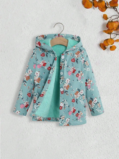 Fall/Winter Girls' Fleece Hooded Single-Breasted Floral Print Coat