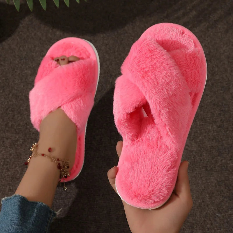 DANA Cross Strap Fur Slippers