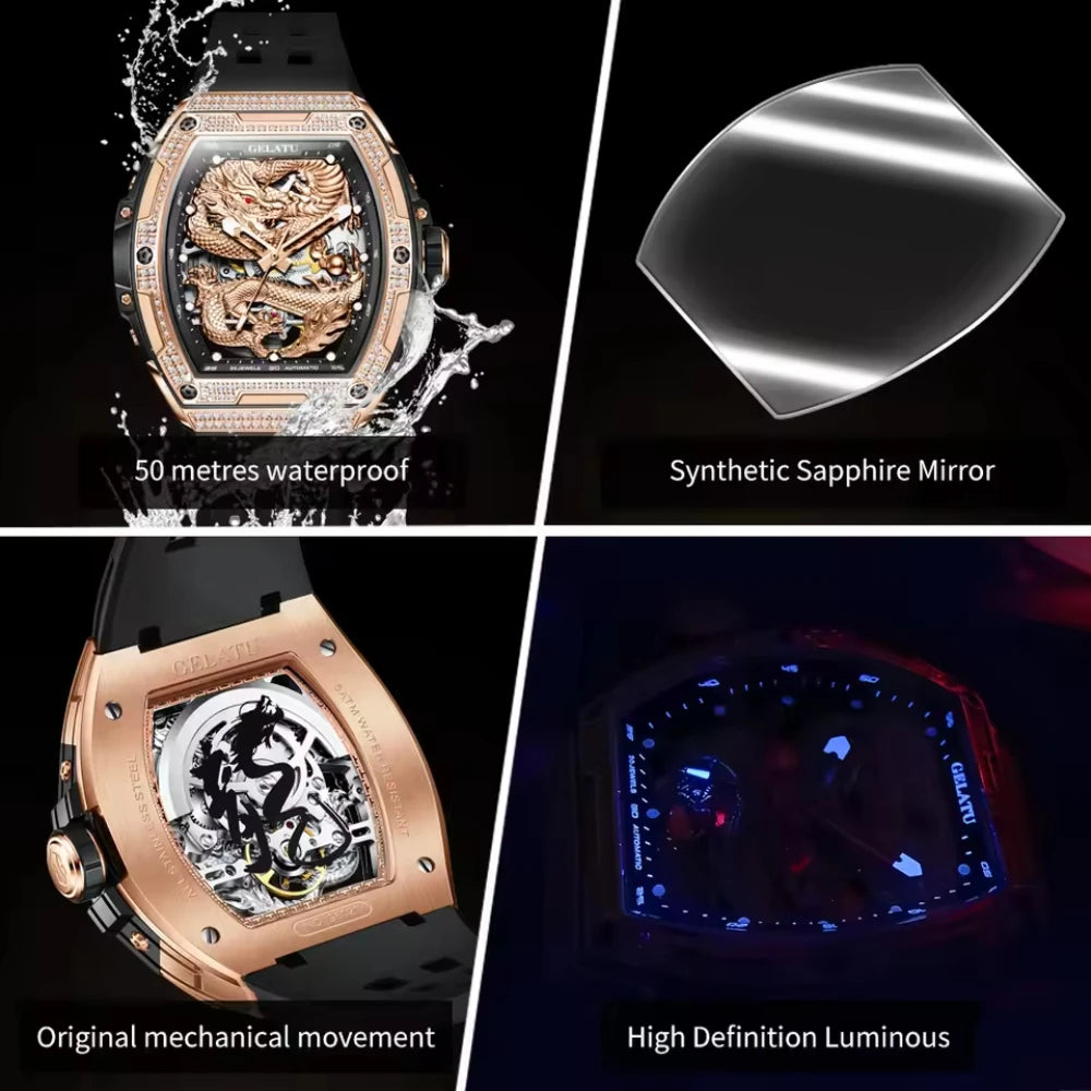Hollow Silicone Strap Waterproof High Full Diamond Dragon Dial Automatic Mechanical Watch